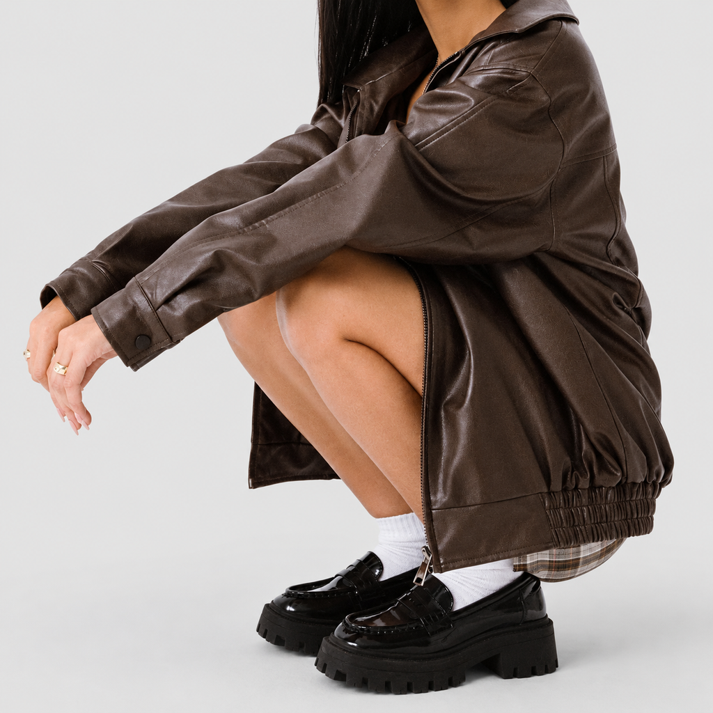 Women's Leather-Look Bomber Jacket with Zip Front and Elasticated Waist — view 3