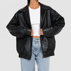Women's Leather-Look Bomber Jacket with Zip Front and Elasticated Waist in Black — view 5