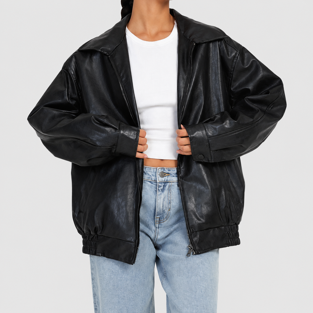 Women's Leather-Look Bomber Jacket with Zip Front and Elasticated Waist in Black — view 5