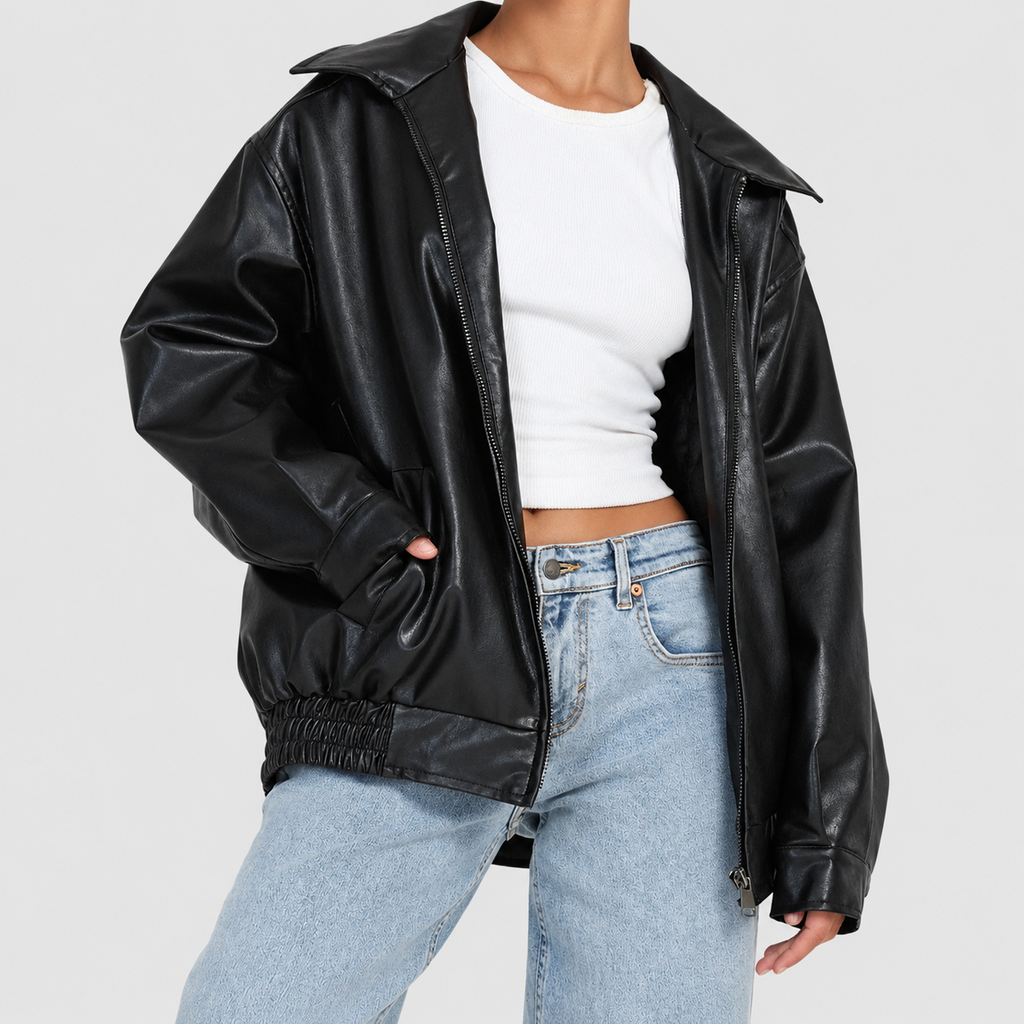 Women's Leather-Look Bomber Jacket with Zip Front and Elasticated Waist — view 7