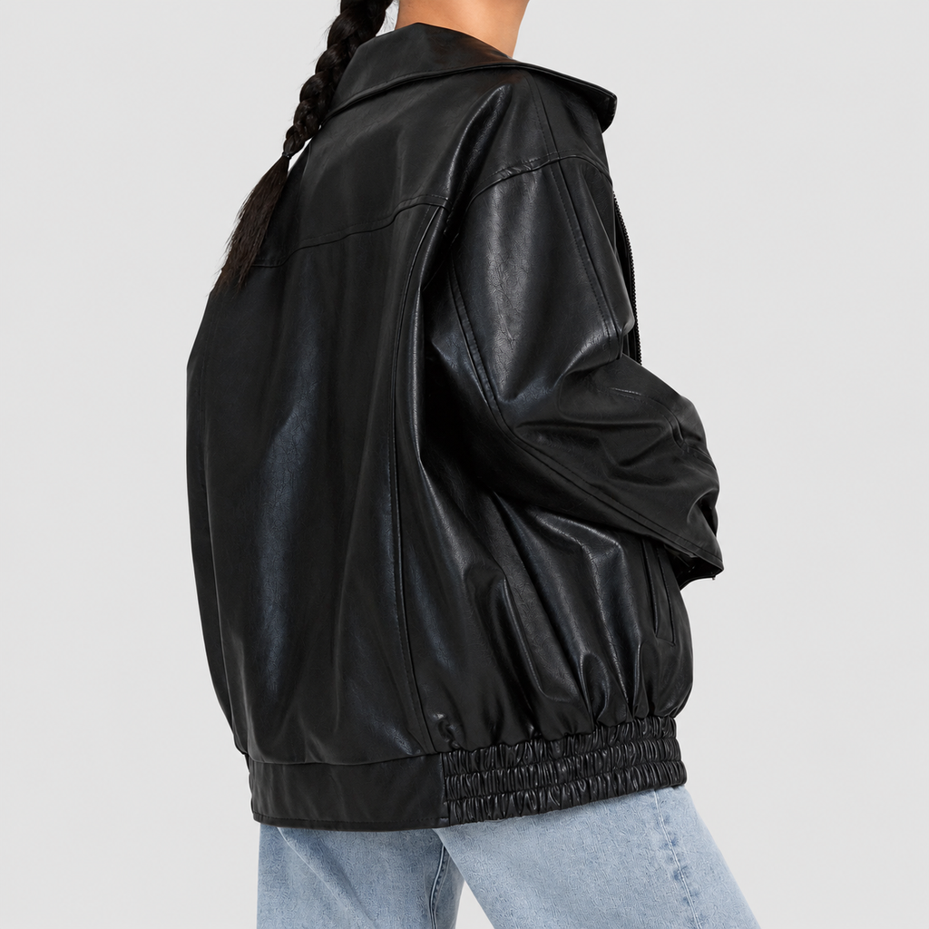 Women's Leather-Look Bomber Jacket with Zip Front and Elasticated Waist — view 8