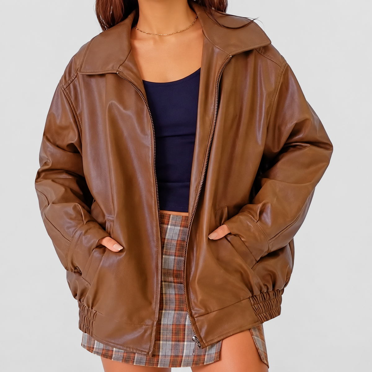 Women's Leather-Look Bomber Jacket with Zip Front and Elasticated Waist in Light Brown — view 10