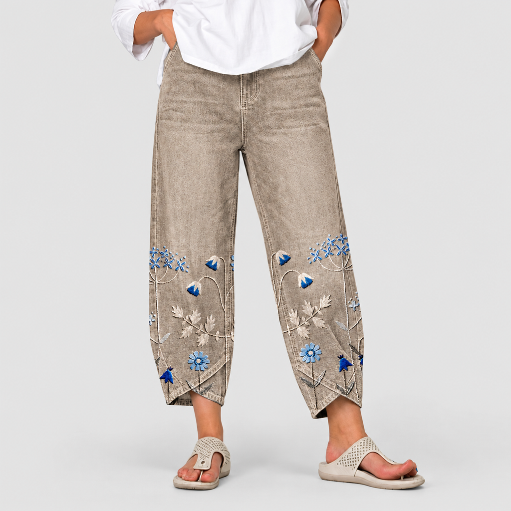 Women's Casual Embroidered Trousers with Pockets in Khaki — view 1