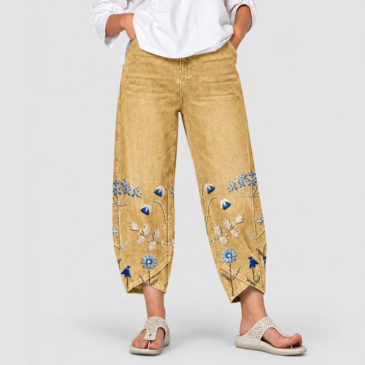 Women's Casual Embroidered Trousers with Pockets in Yellow — view 3