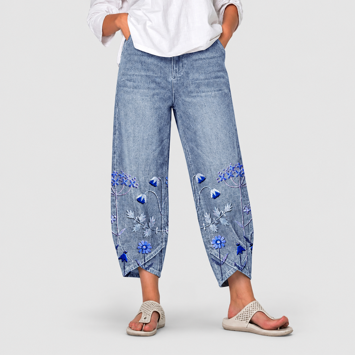 Women's Casual Embroidered Trousers with Pockets in Blue — view 4