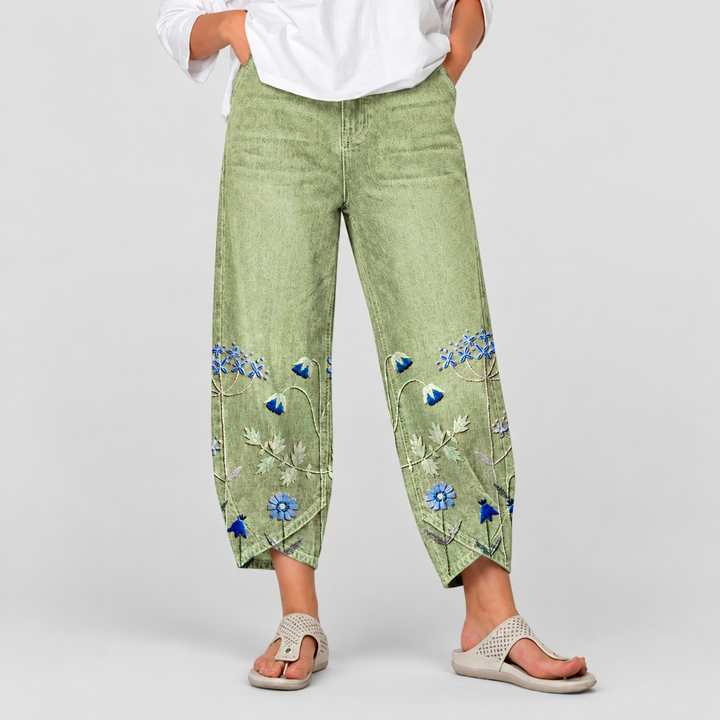 Women's Casual Embroidered Trousers with Pockets in Green — view 5