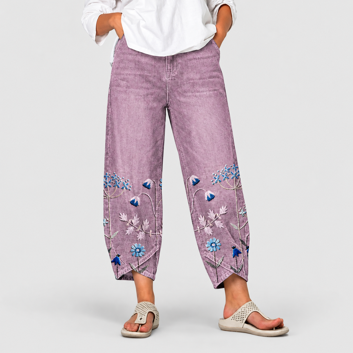 Women's Casual Embroidered Trousers with Pockets in Purple — view 6