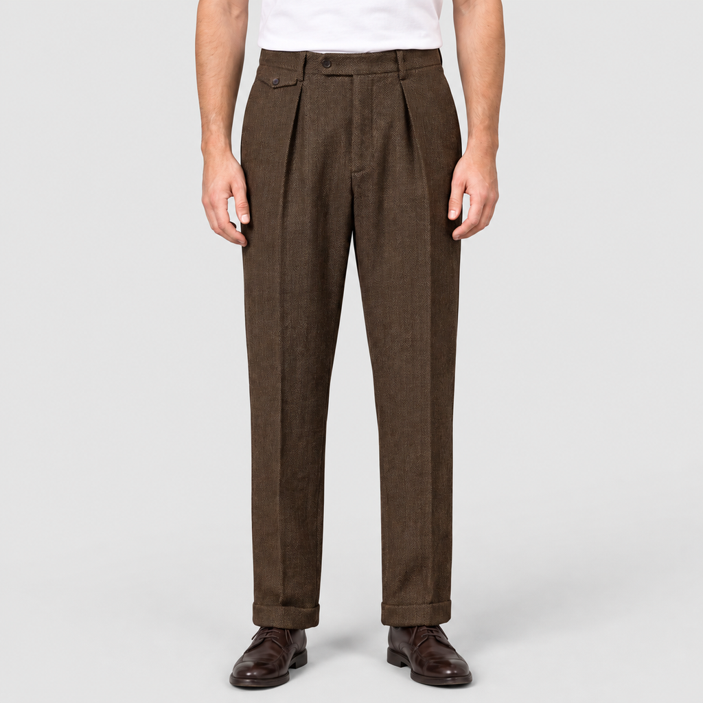 Men's Herringbone Pleated Straight-Leg Trousers in Brown — view 1
