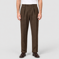 Men's Herringbone Pleated Straight-Leg Trousers in Brown — view 1