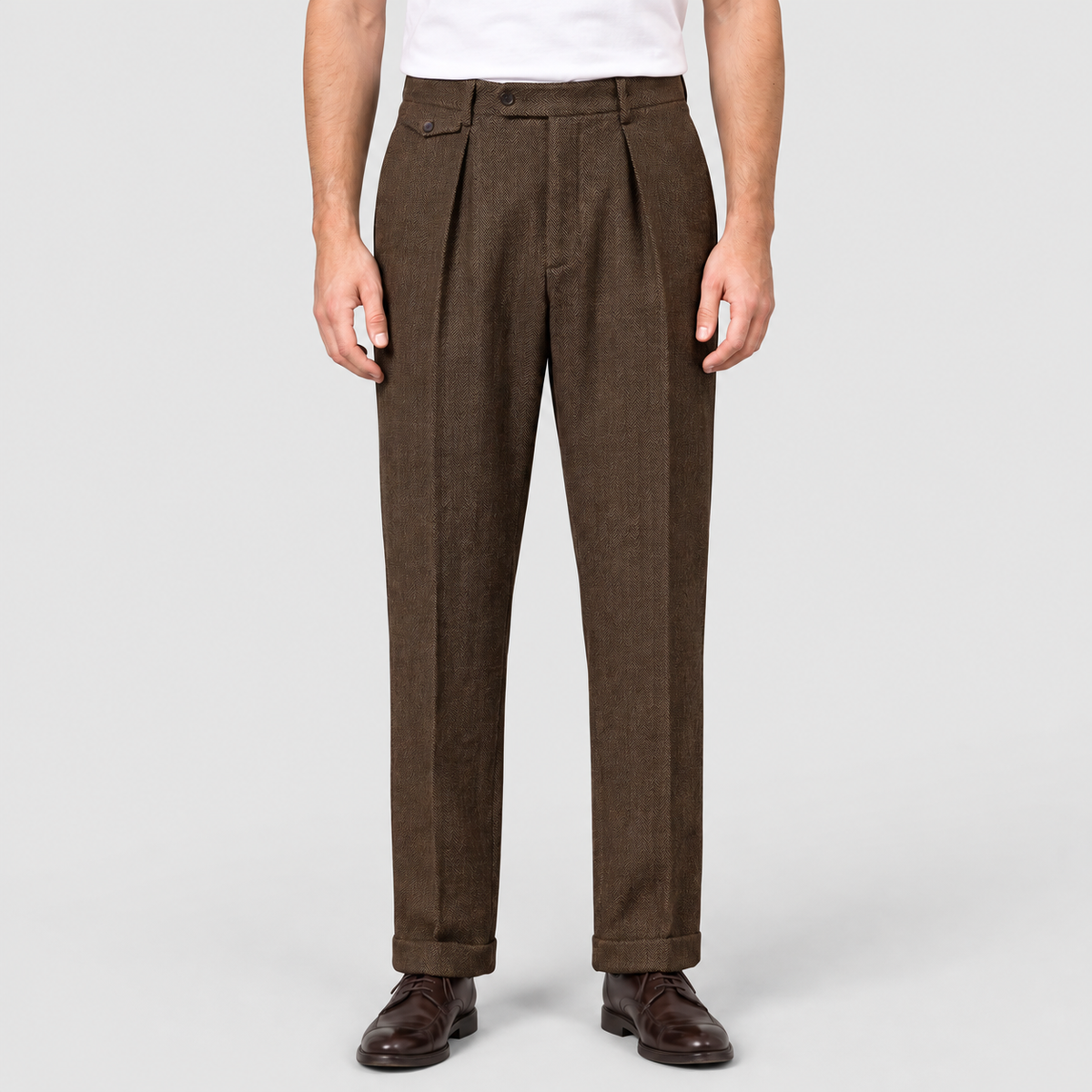 Men's Herringbone Pleated Straight-Leg Trousers in Brown — view 1