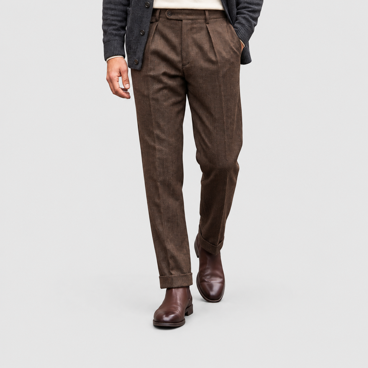 Men's Herringbone Pleated Straight-Leg Trousers — view 2