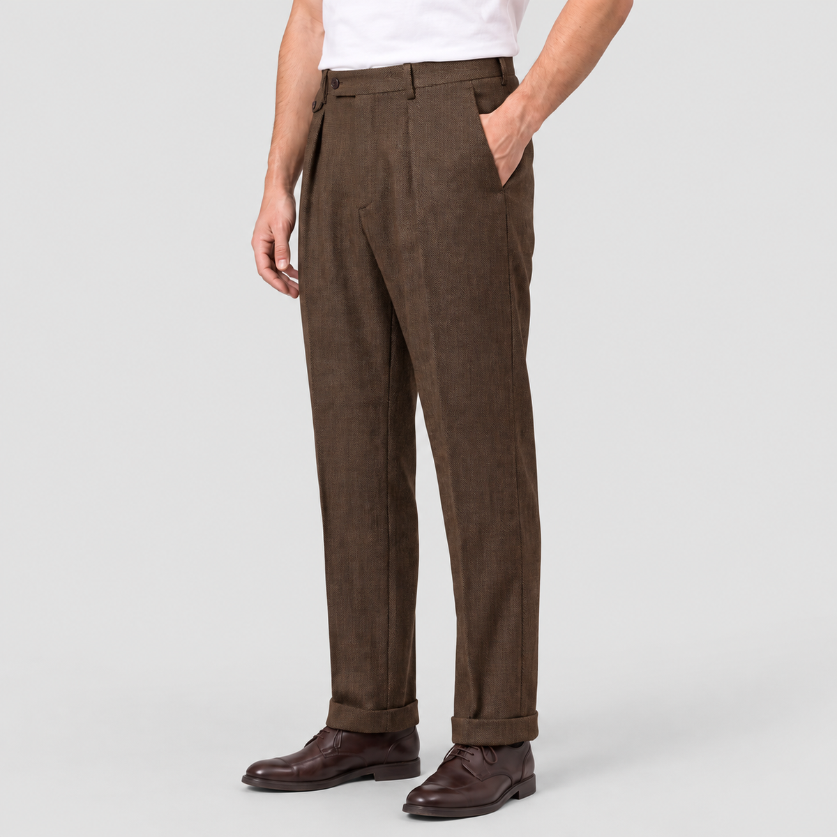 Men's Herringbone Pleated Straight-Leg Trousers — view 3