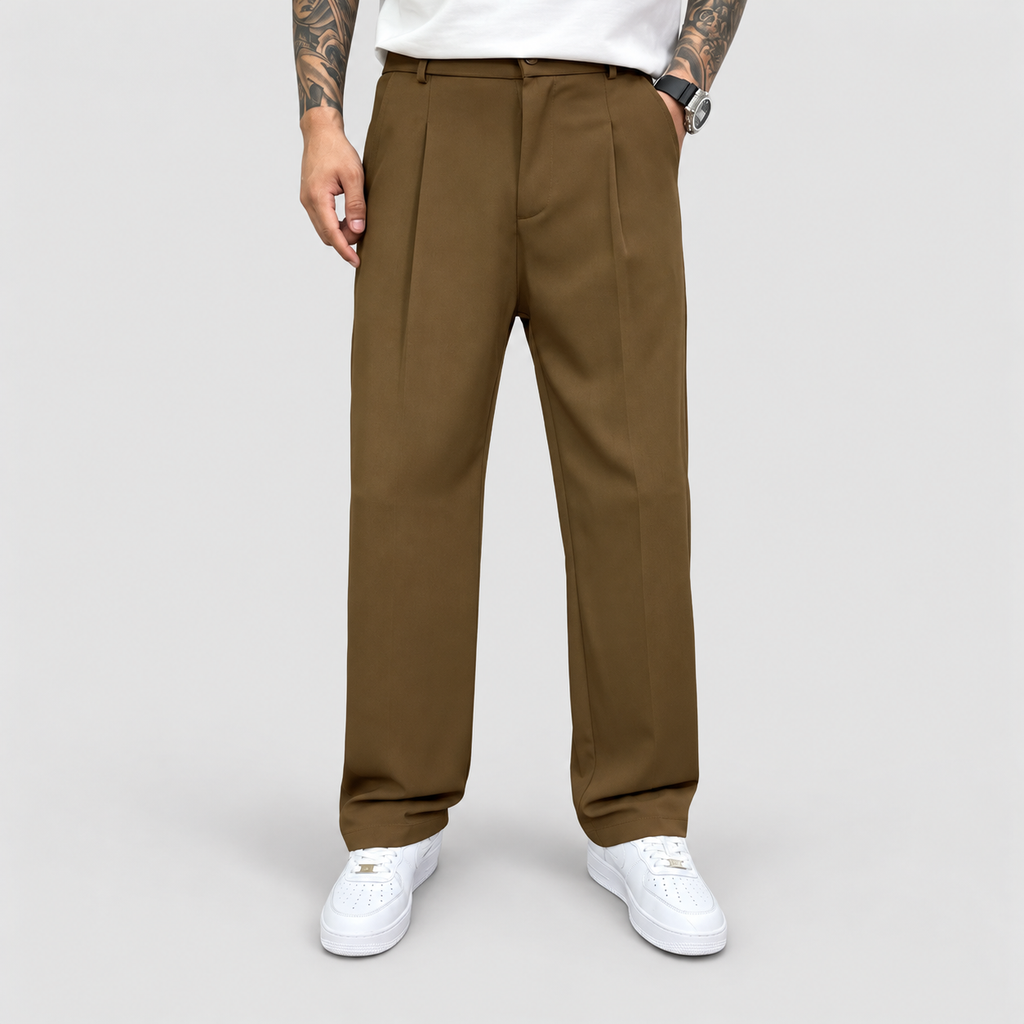 Men's Straight-Leg Casual Trousers with Belt Loops in Brown — view 1