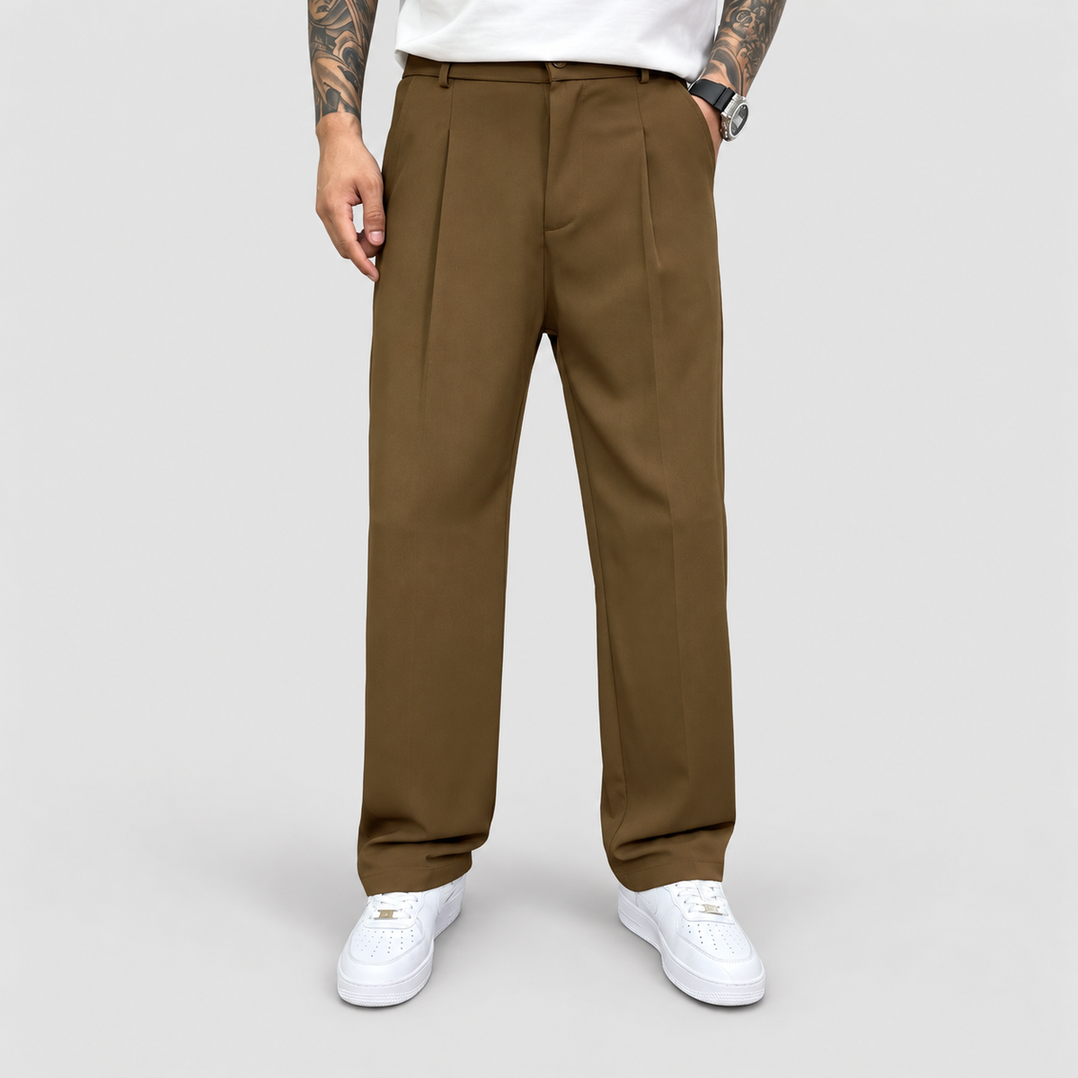 Men's Straight-Leg Casual Trousers with Belt Loops in Brown — view 1