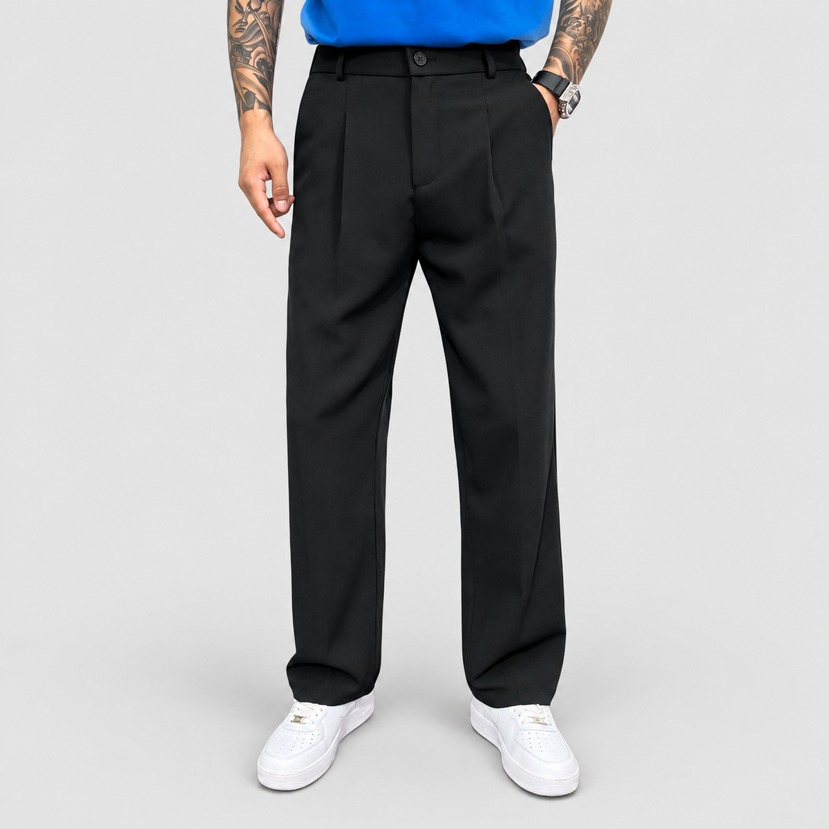 Men's Straight-Leg Casual Trousers with Belt Loops in Black — view 2