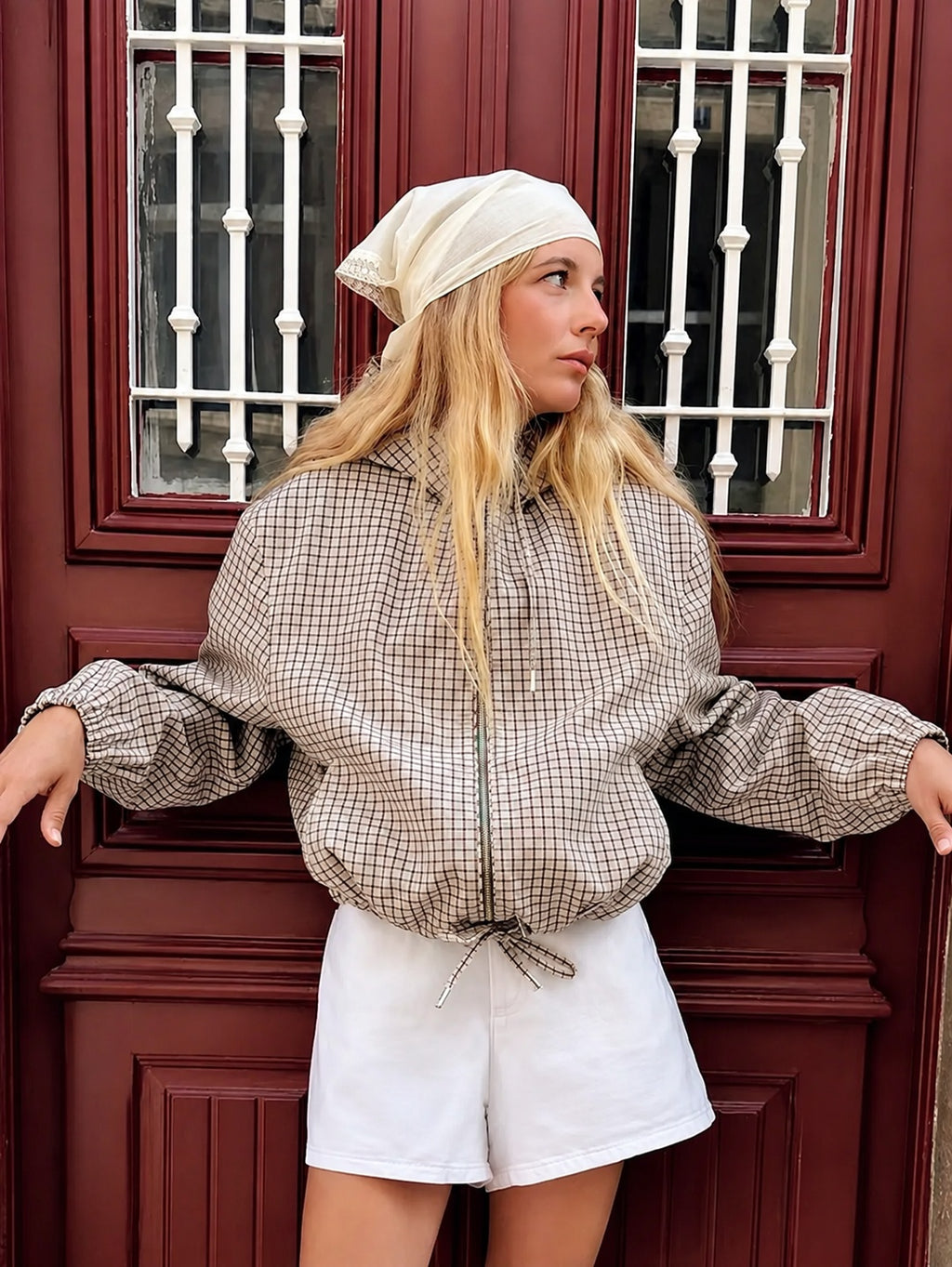 Dilys | Women's Cropped Check Jacket with Hood and Zip