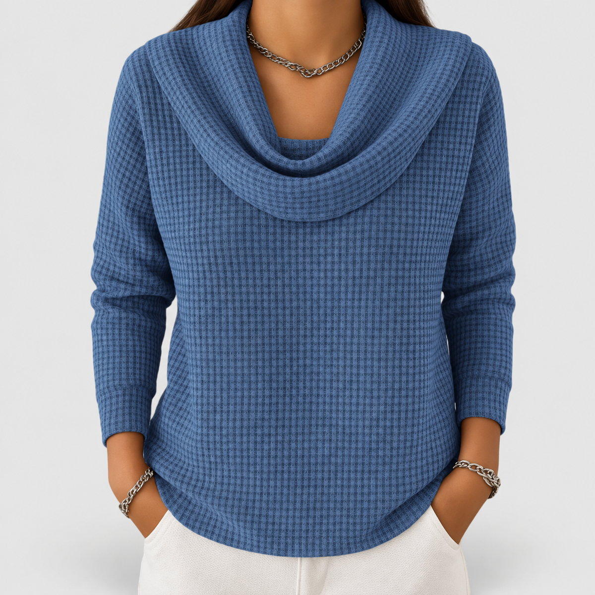 Women's Waffle Knit Jumper with Cowl Neck in Blue — view 1