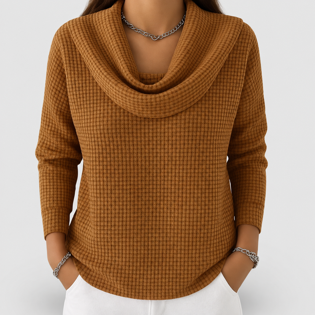 Women's Waffle Knit Jumper with Cowl Neck in Brown — view 2