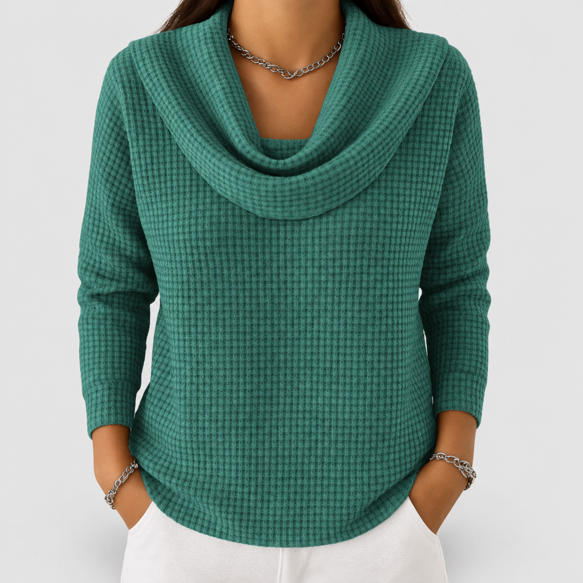 Women's Waffle Knit Jumper with Cowl Neck in Green — view 3