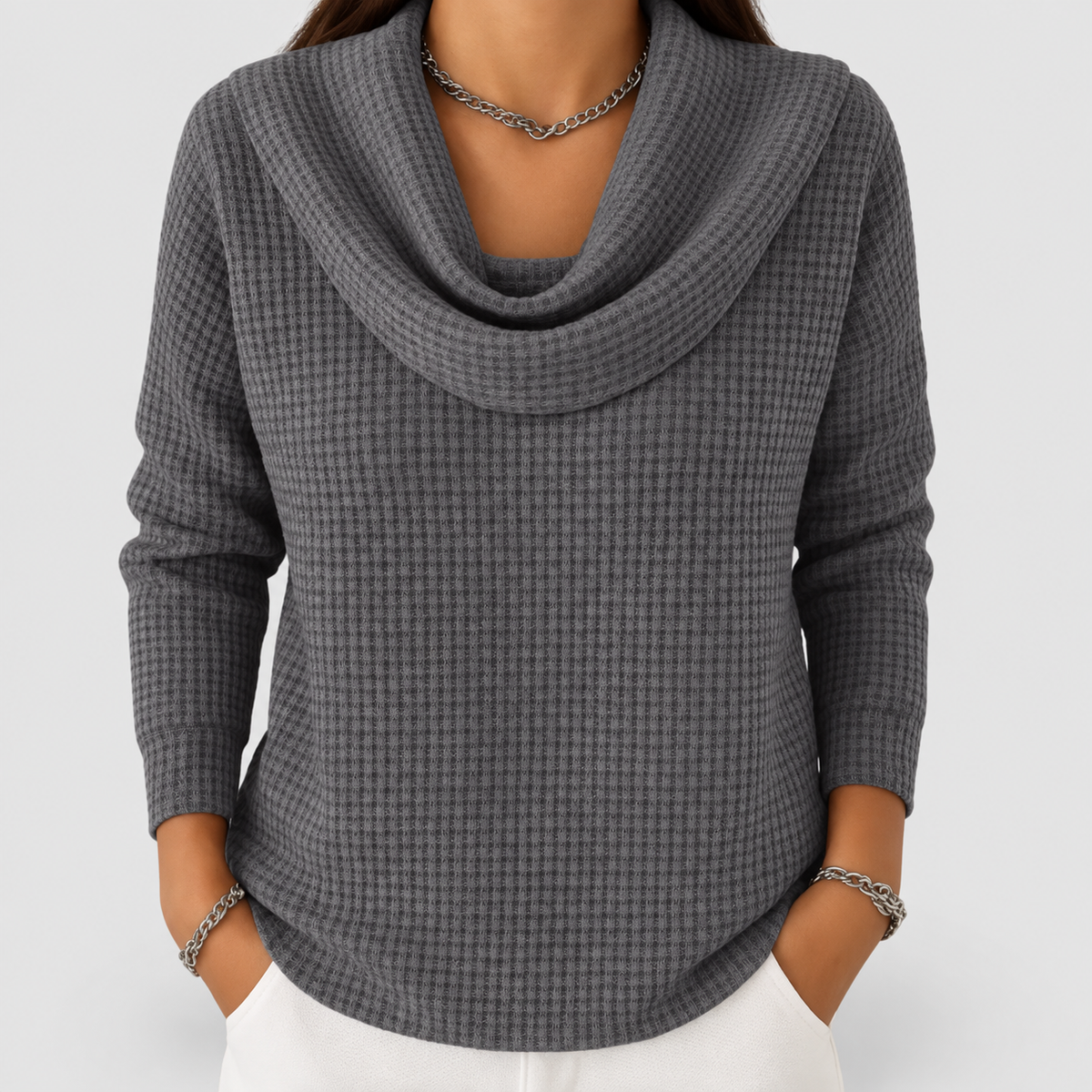 Women's Waffle Knit Jumper with Cowl Neck in Grey — view 4