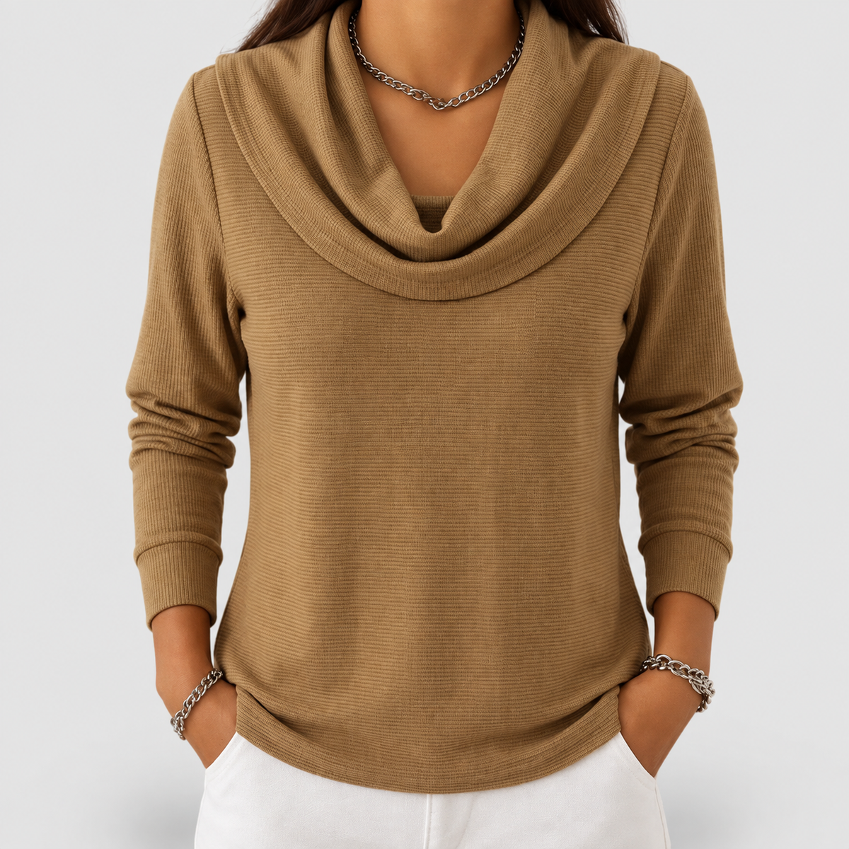 Women's Waffle Knit Jumper with Cowl Neck in Camel Brown — view 6
