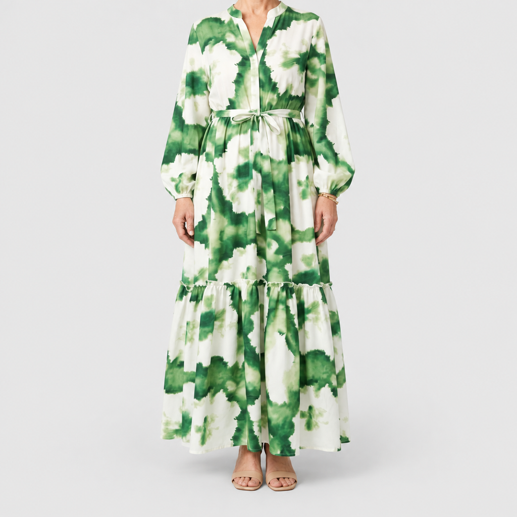 Women's Long-Sleeve Tie-Waist Tiered Maxi Dress in Floral — view 1