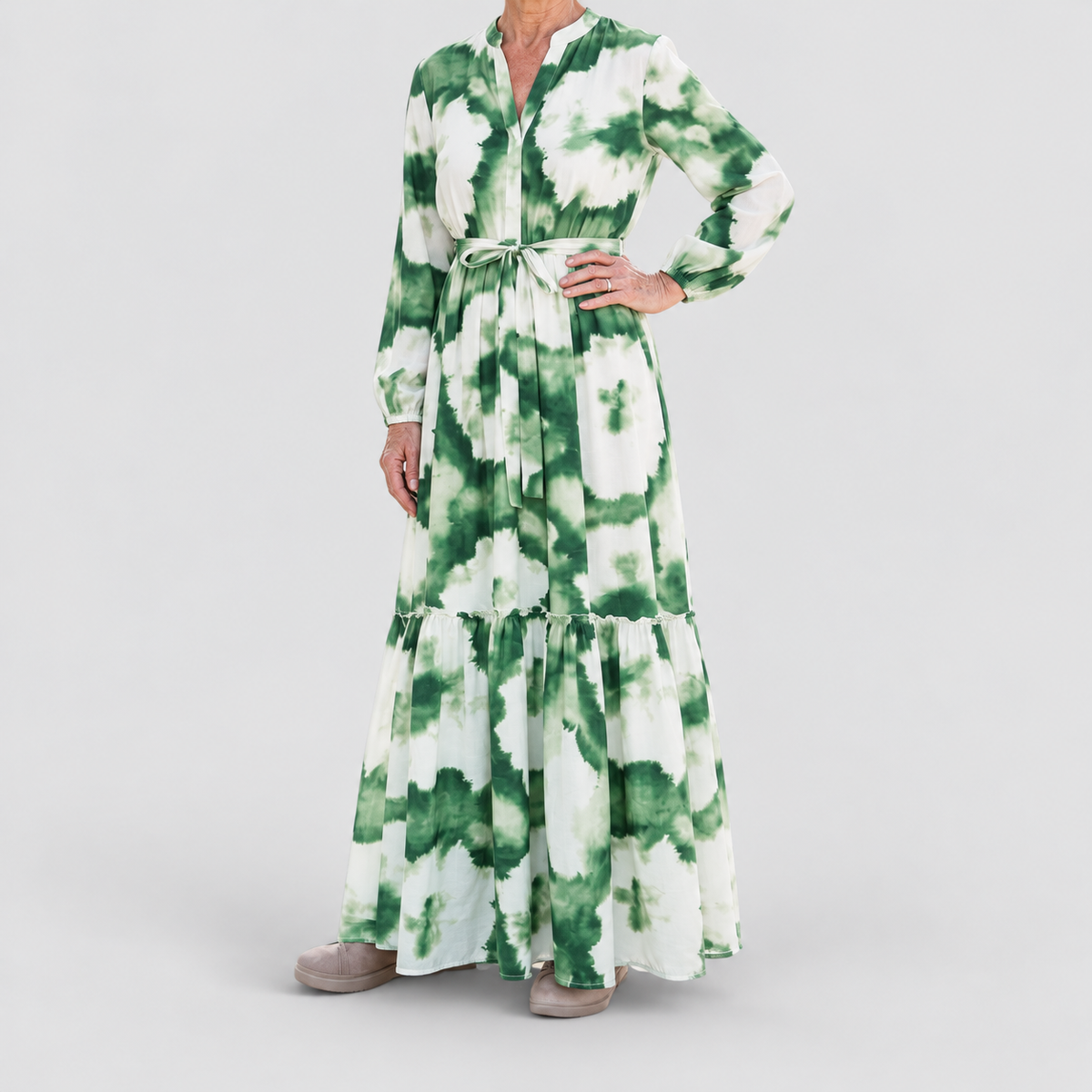 Women's Long-Sleeve Tie-Waist Tiered Maxi Dress — view 6