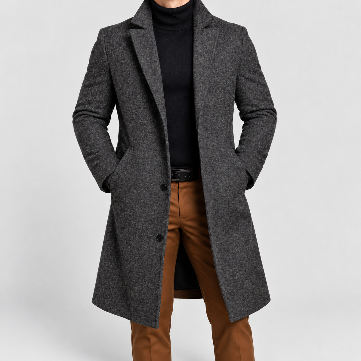 Men's Single-Breasted Overcoat with Notch Lapels in Dark Grey — view 1
