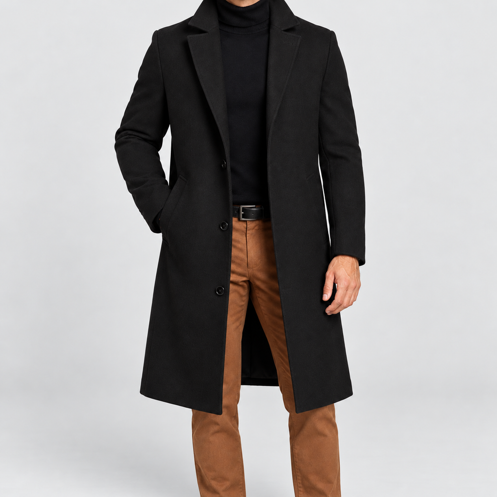 Men's Single-Breasted Overcoat with Notch Lapels in Black — view 4