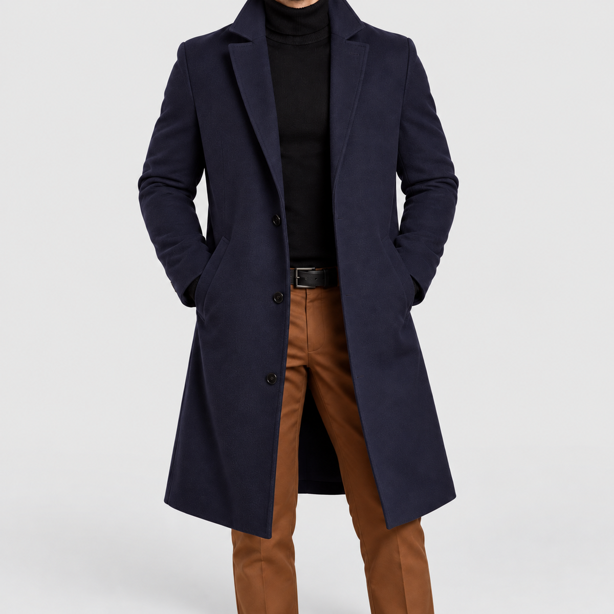 Men's Single-Breasted Overcoat with Notch Lapels in Navy Blue — view 6