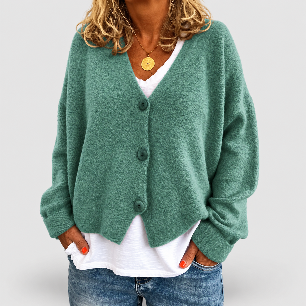 Women's Relaxed Soft Knit Cardigan with V-Neckline in Green — view 1