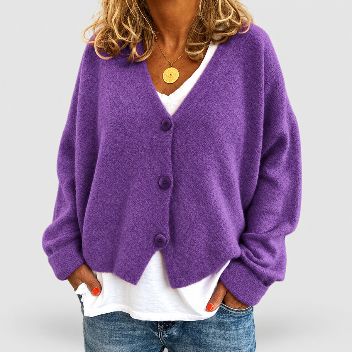 Women's Relaxed Soft Knit Cardigan with V-Neckline in Purple — view 3
