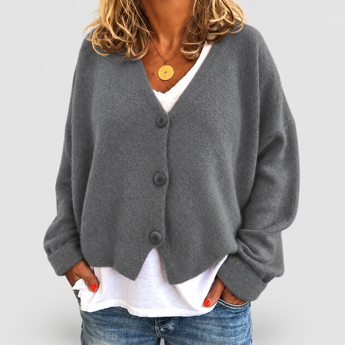 Women's Relaxed Soft Knit Cardigan with V-Neckline in Grey — view 4