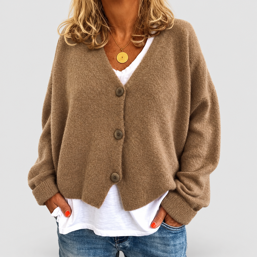 Women's Relaxed Soft Knit Cardigan with V-Neckline in Khaki — view 6