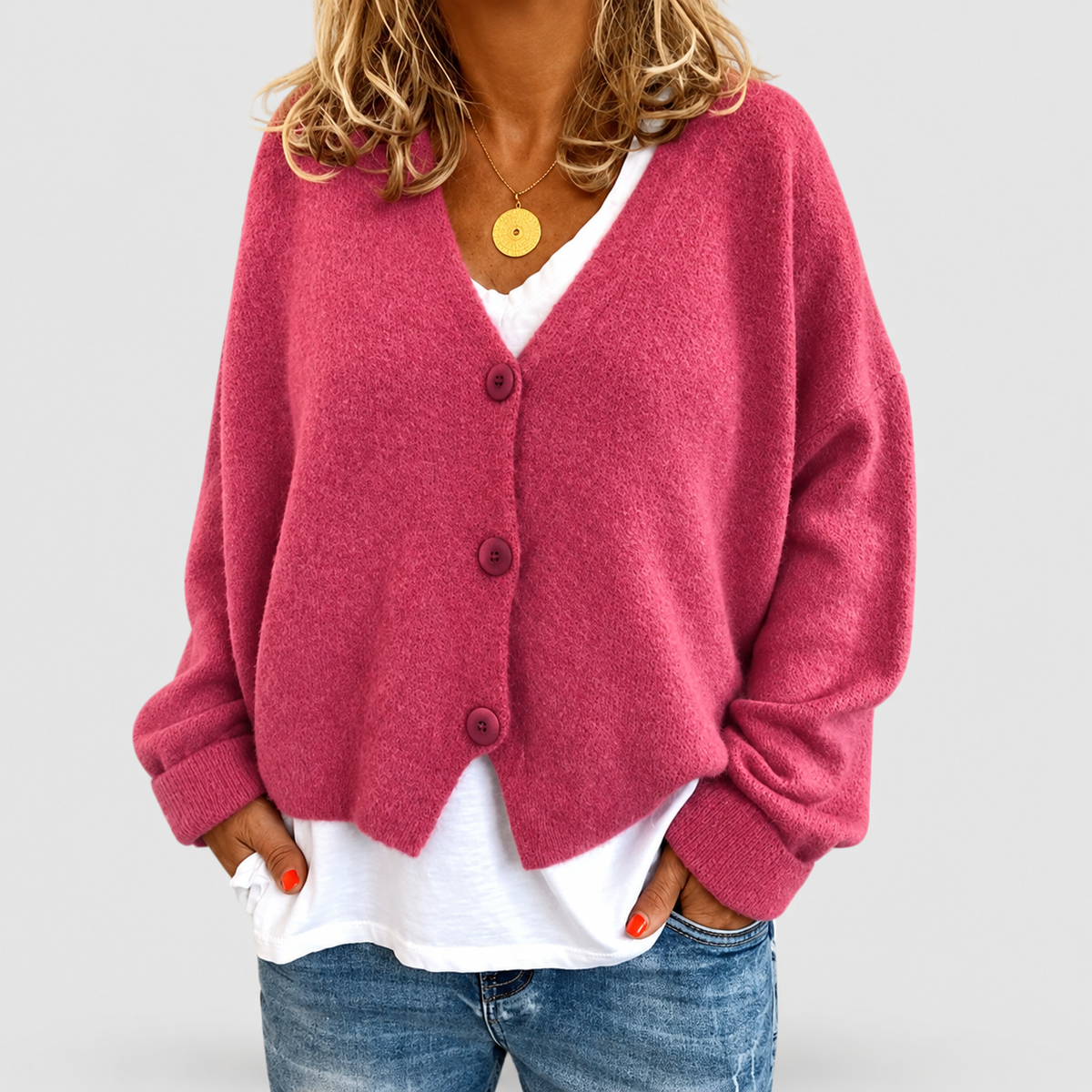 Women's Relaxed Soft Knit Cardigan with V-Neckline in Pink — view 7