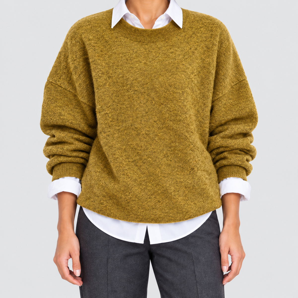Women's Oversized Crew-Neck Textured Knit Jumper in Khaki — view 1