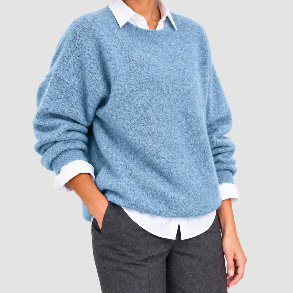 Women's Oversized Crew-Neck Textured Knit Jumper in Blue — view 2