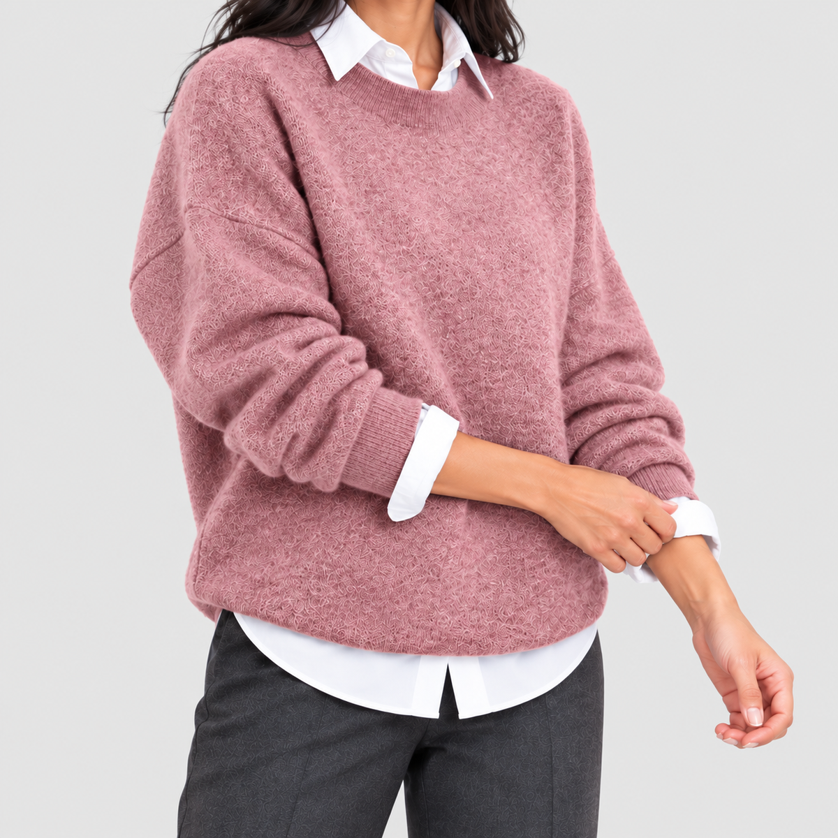 Women's Oversized Crew-Neck Textured Knit Jumper in Pink — view 3
