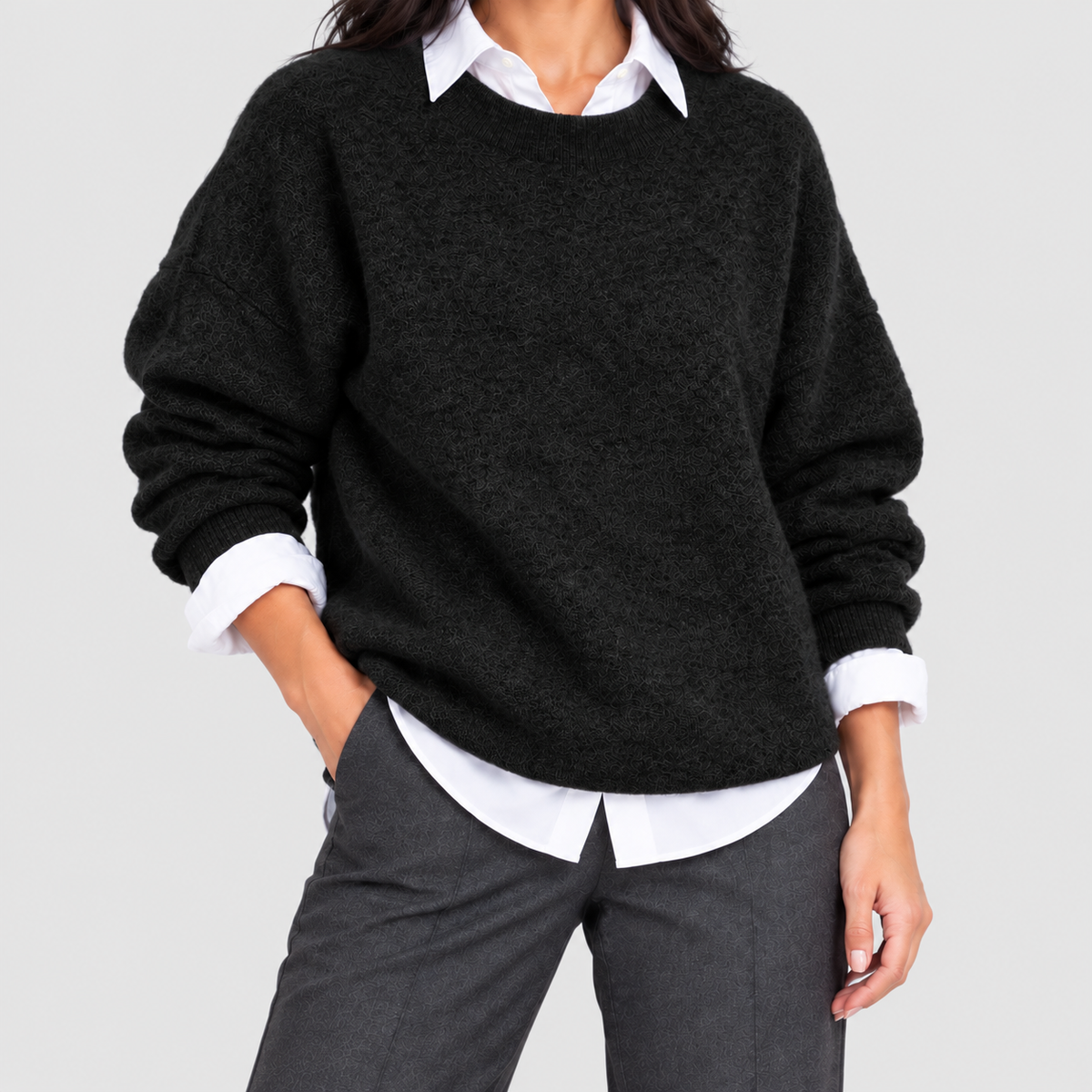 Women's Oversized Crew-Neck Textured Knit Jumper in Black — view 4