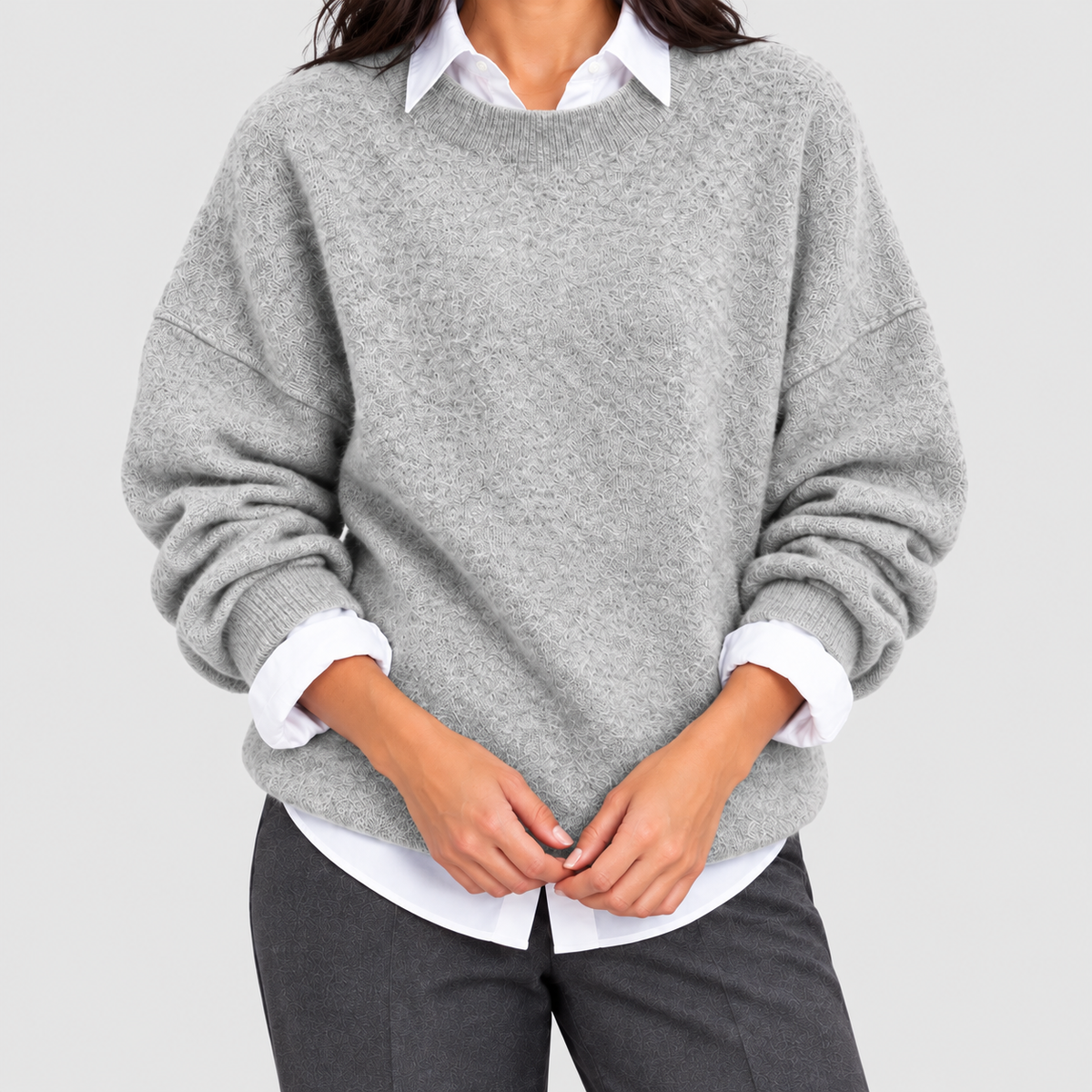 Women's Oversized Crew-Neck Textured Knit Jumper in Grey — view 5