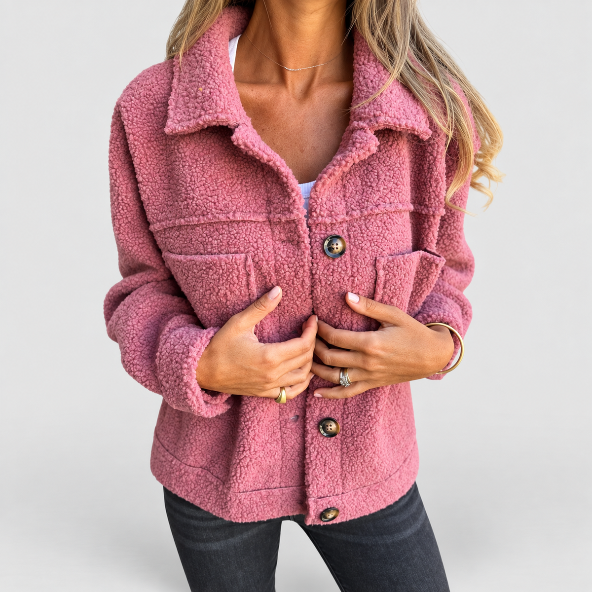 Women's Teddy Button-Front Jacket in Pink — view 3