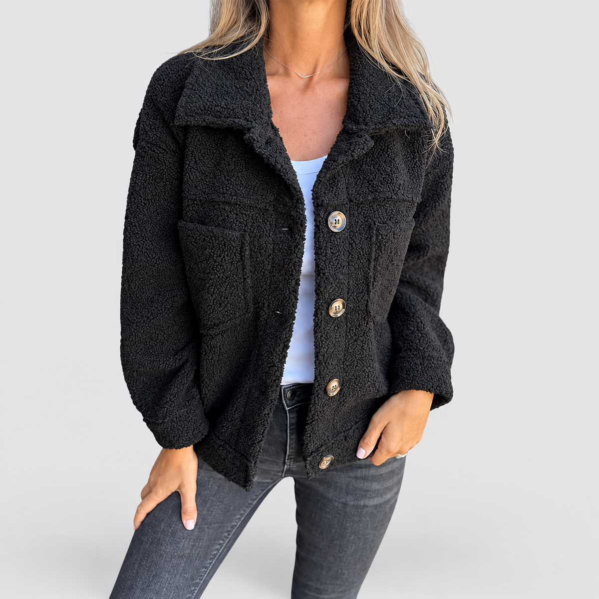 Women's Teddy Button-Front Jacket in Black — view 5