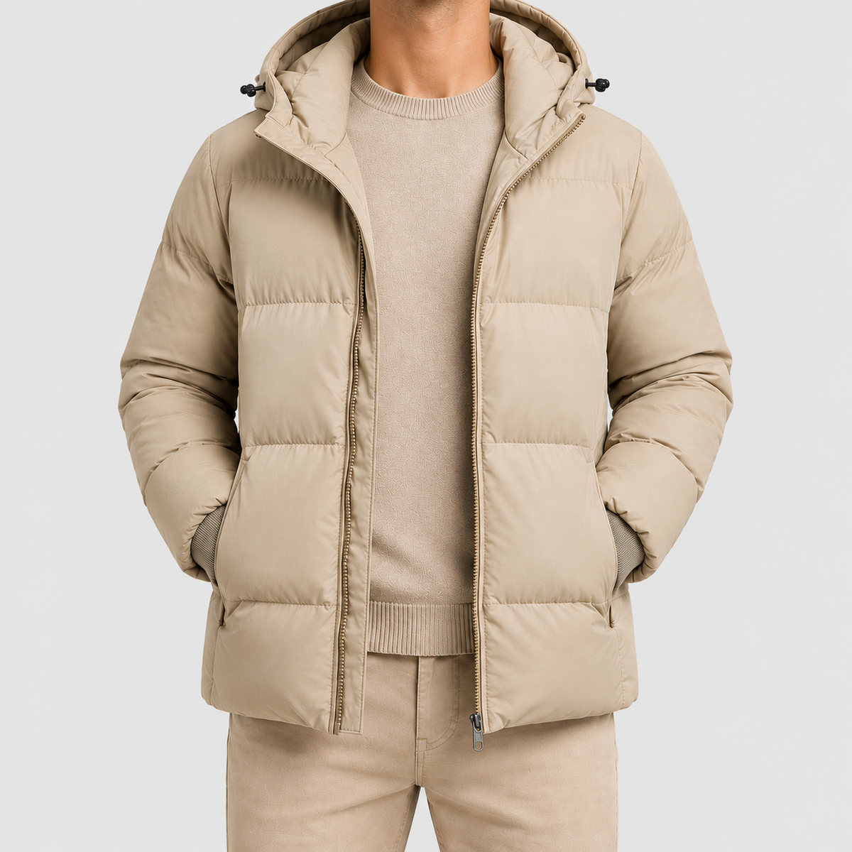 Men's Hooded Zip-Front Puffer Jacket in Beige — view 5