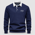 Men's Contrast-Collar Long-Sleeve Button-Placket Polo Jumper in Navy Blue — view 1
