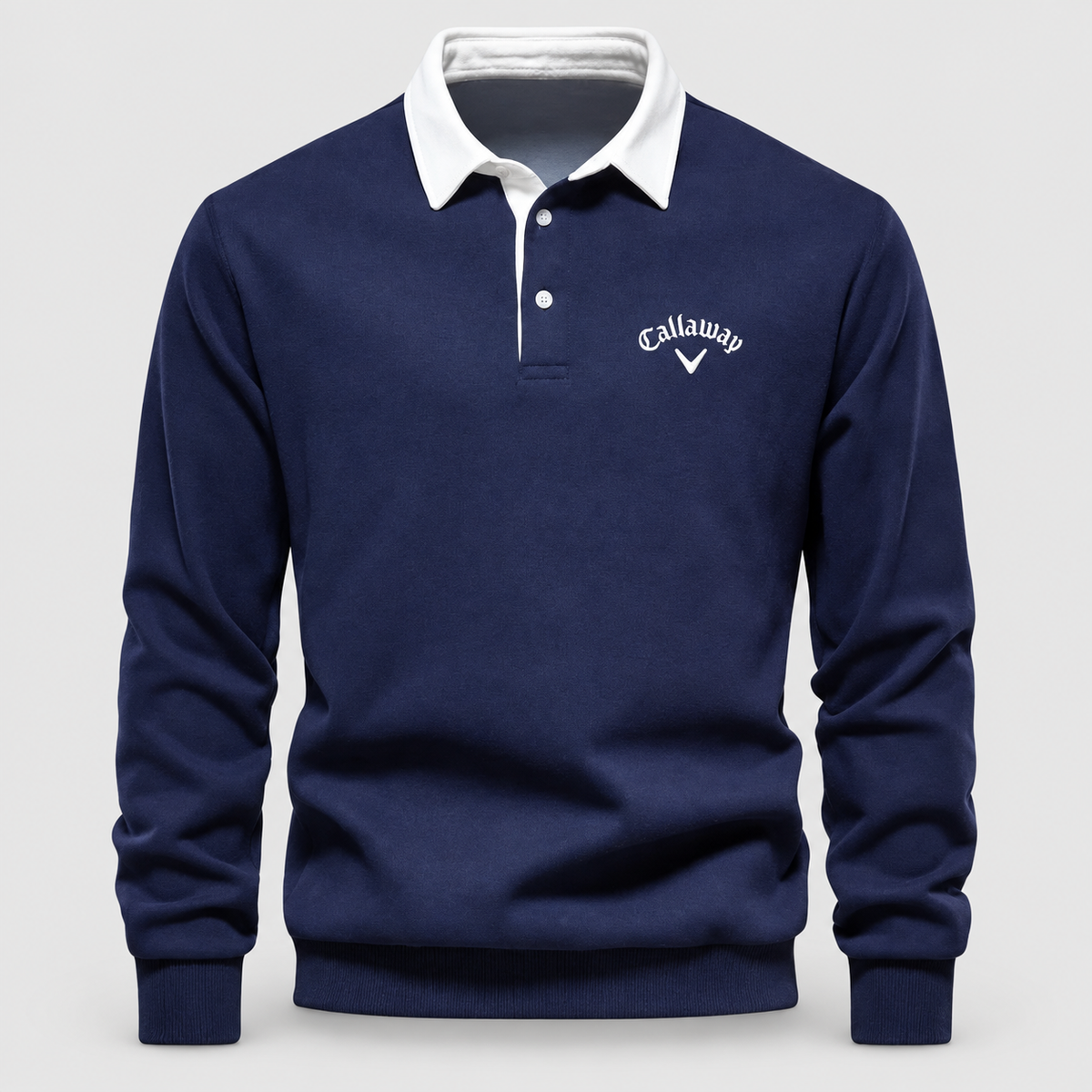 Men's Contrast-Collar Long-Sleeve Button-Placket Polo Jumper in Navy Blue — view 1