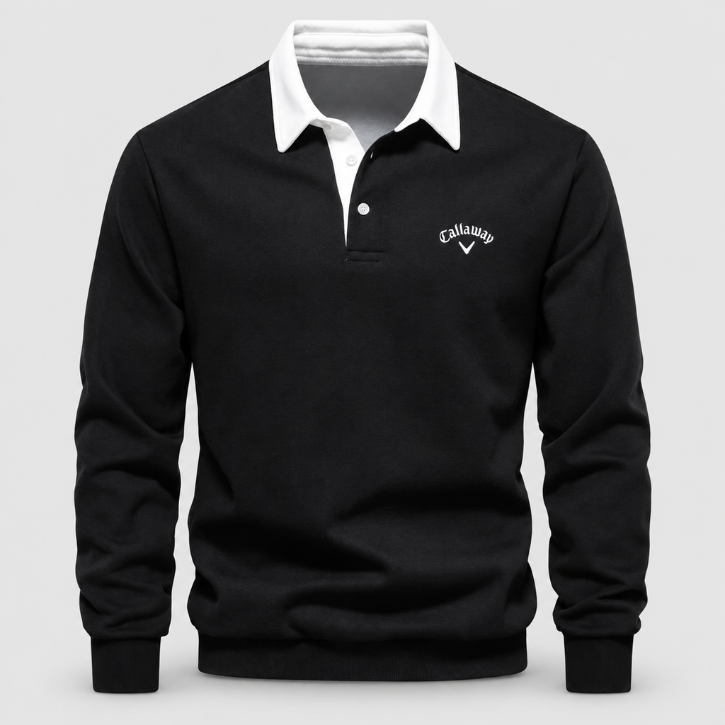 Men's Contrast-Collar Long-Sleeve Button-Placket Polo Jumper in Black — view 2