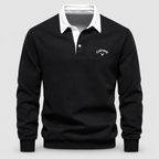 Men's Contrast-Collar Long-Sleeve Button-Placket Polo Jumper in Black — view 2