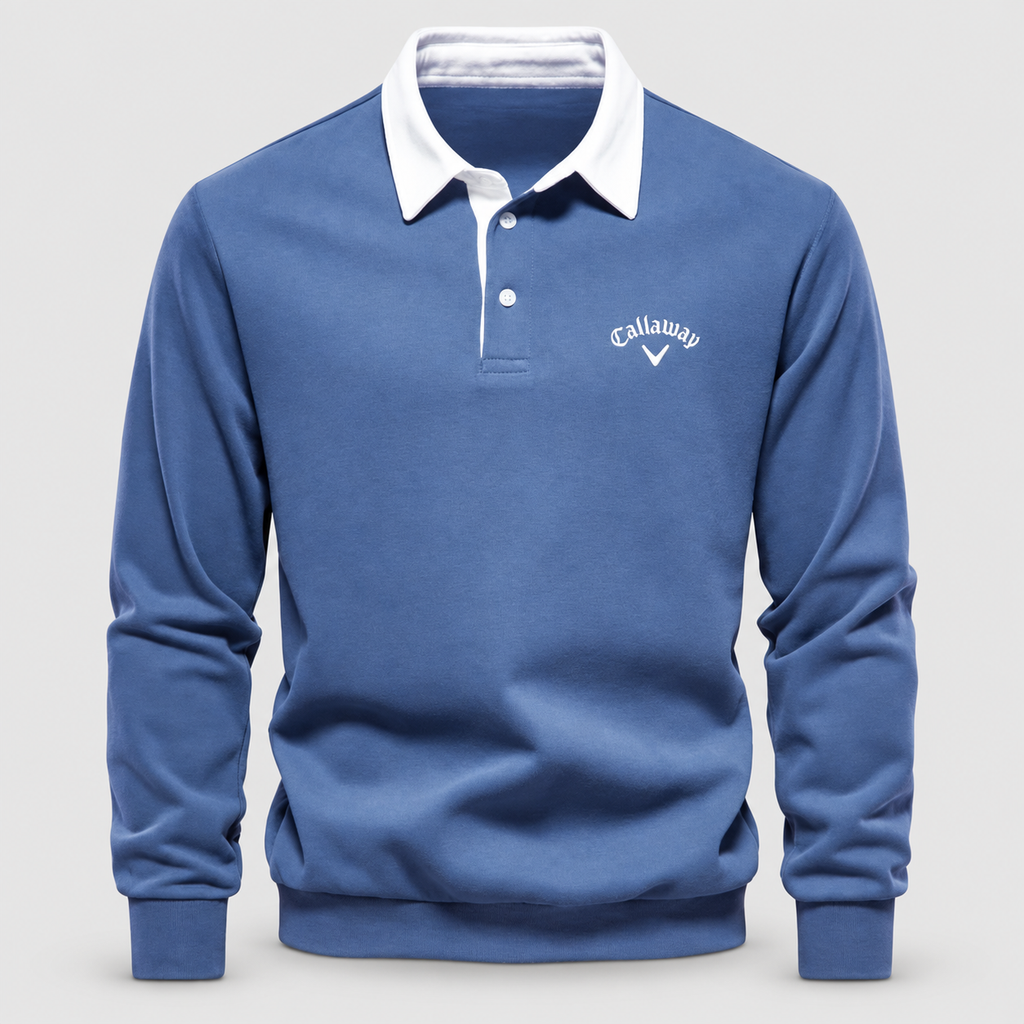 Men's Contrast-Collar Long-Sleeve Button-Placket Polo Jumper in Blue — view 3