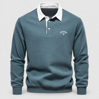 Men's Contrast-Collar Long-Sleeve Button-Placket Polo Jumper in Green — view 4