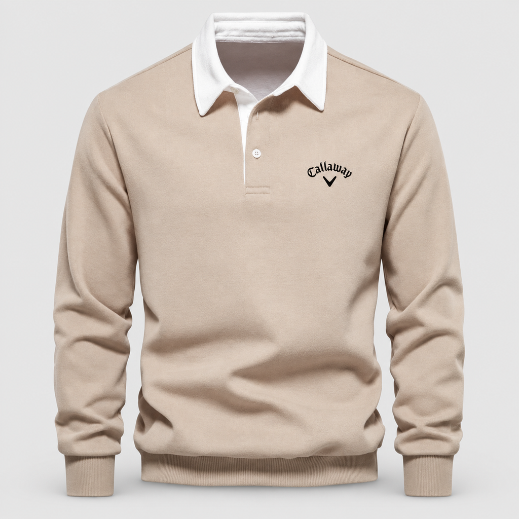 Men's Contrast-Collar Long-Sleeve Button-Placket Polo Jumper in Beige — view 5